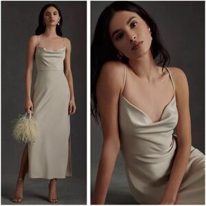 BHLDN Cali Satin Cowl-Neck Midi Slip Dress In Champagne Anthropologie